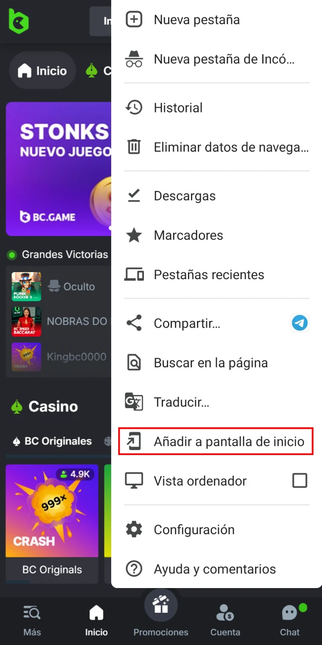 Instale la aplicacion movil BC Game en su telefono Android.