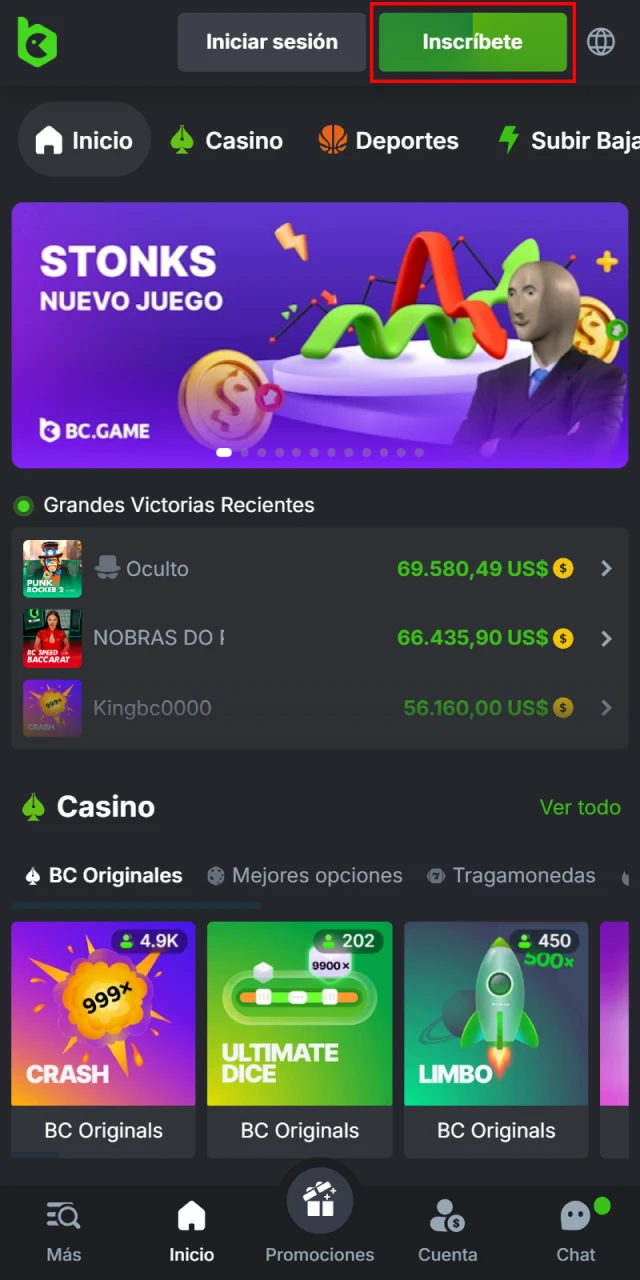 En la pagina principal de la aplicacion movil BC Game, haga clic en el boton de registro.