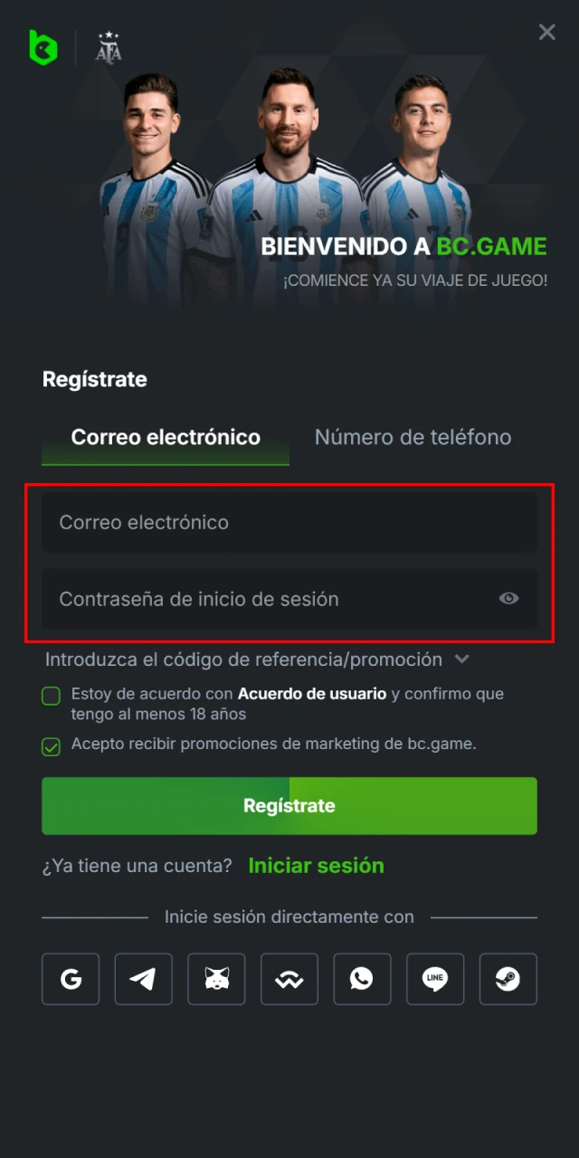 Al registrarse en la aplicacion movil BC Game, complete los campos con la informacion correcta.