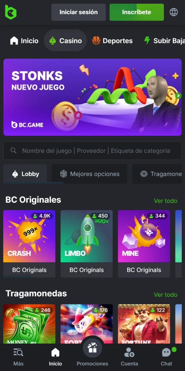 Seccion de Casino en la aplicacion movil BC Game.