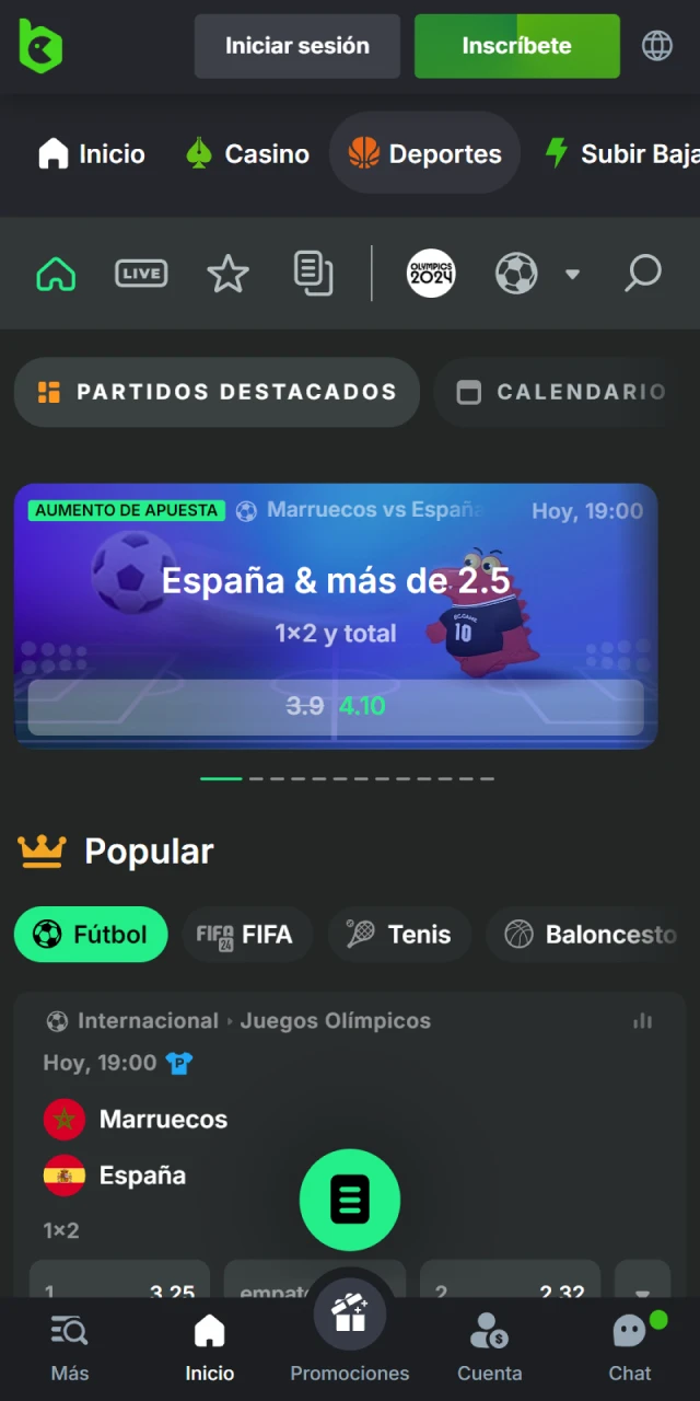 Seccion de apuestas deportivas en la aplicacion movil BC Game.