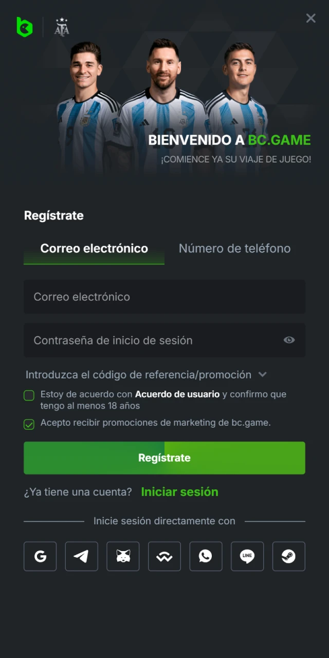 Formulario de registro en la aplicacion movil BC Game.