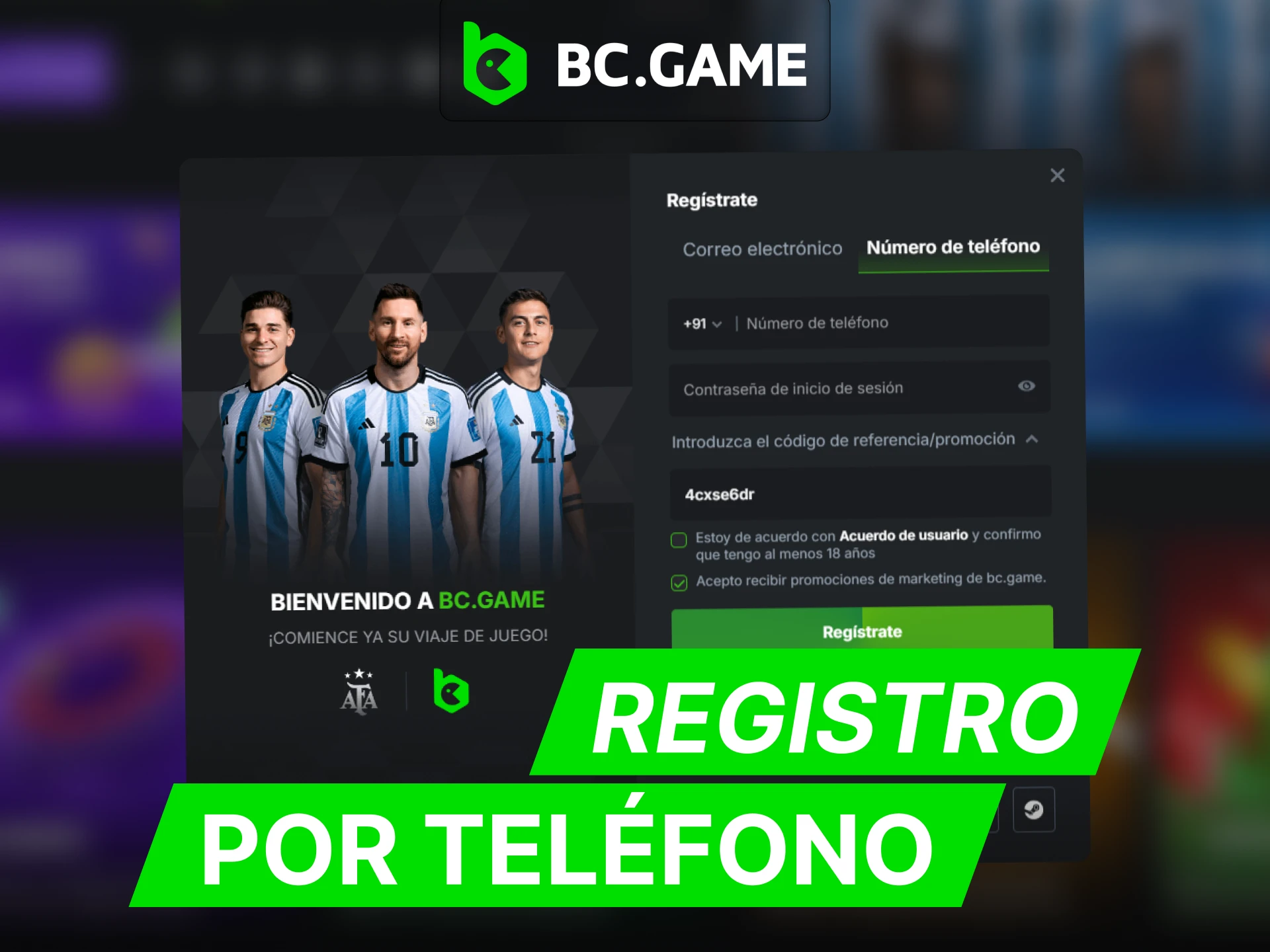 Registrese en BC Game usando su numero de telefono.