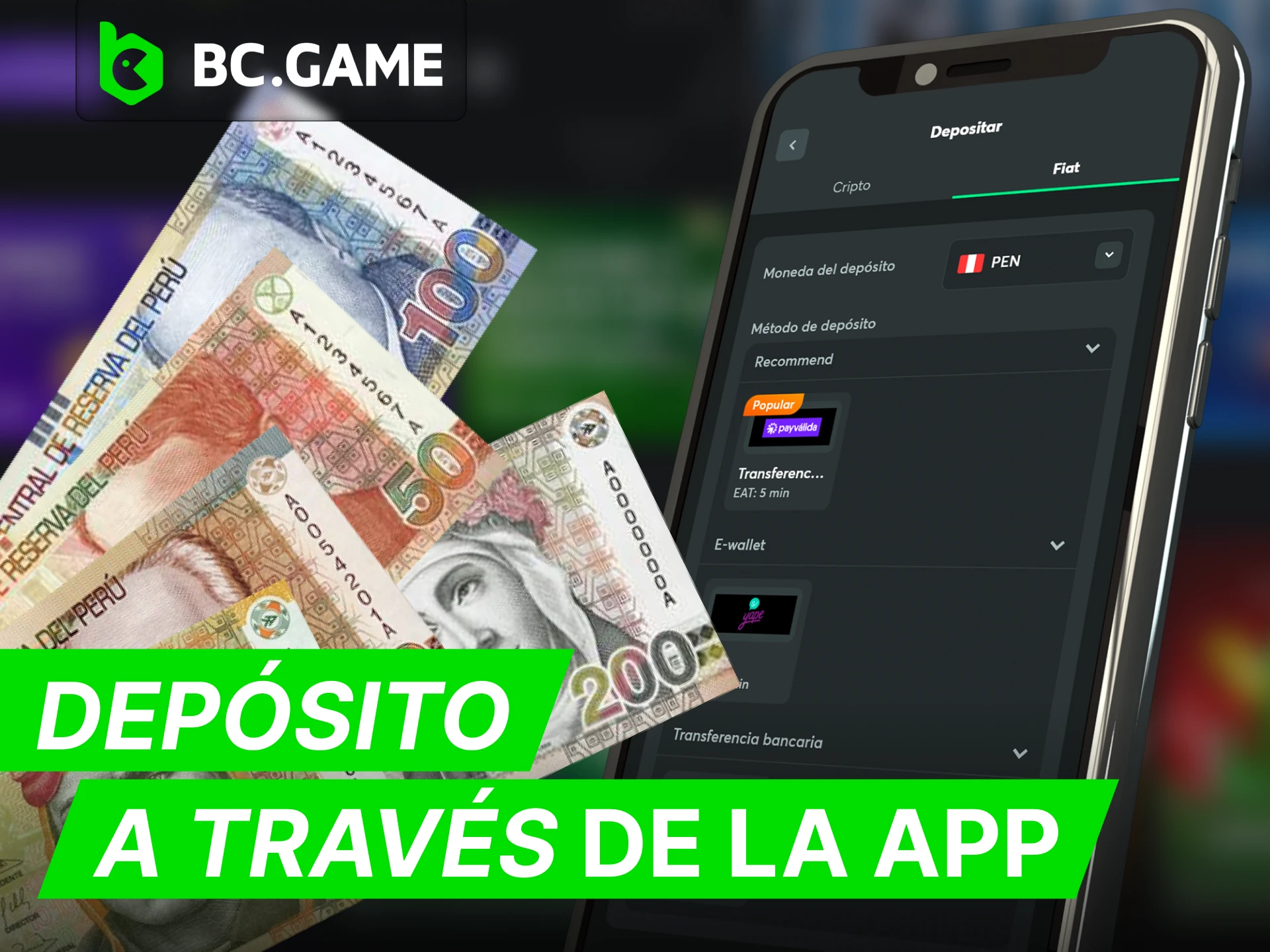 Realice su deposito directamente desde la aplicacion movil de BC Game.