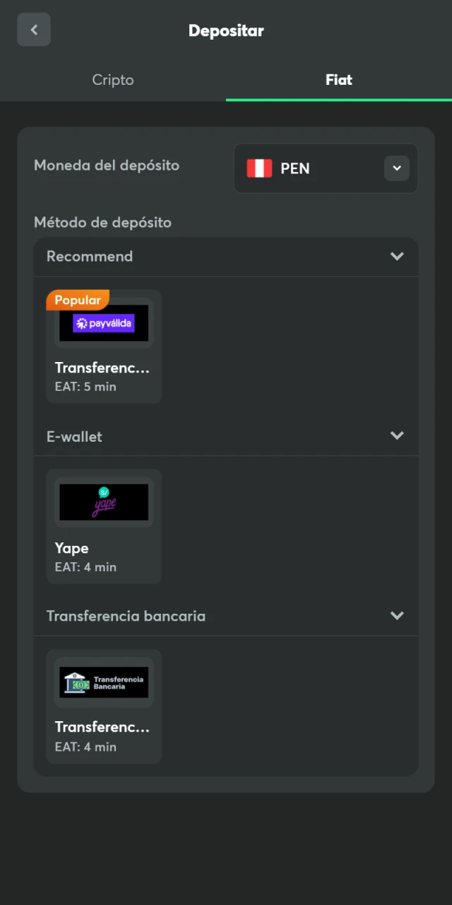 Seleccione su metodo de deposito preferido en BC Game.