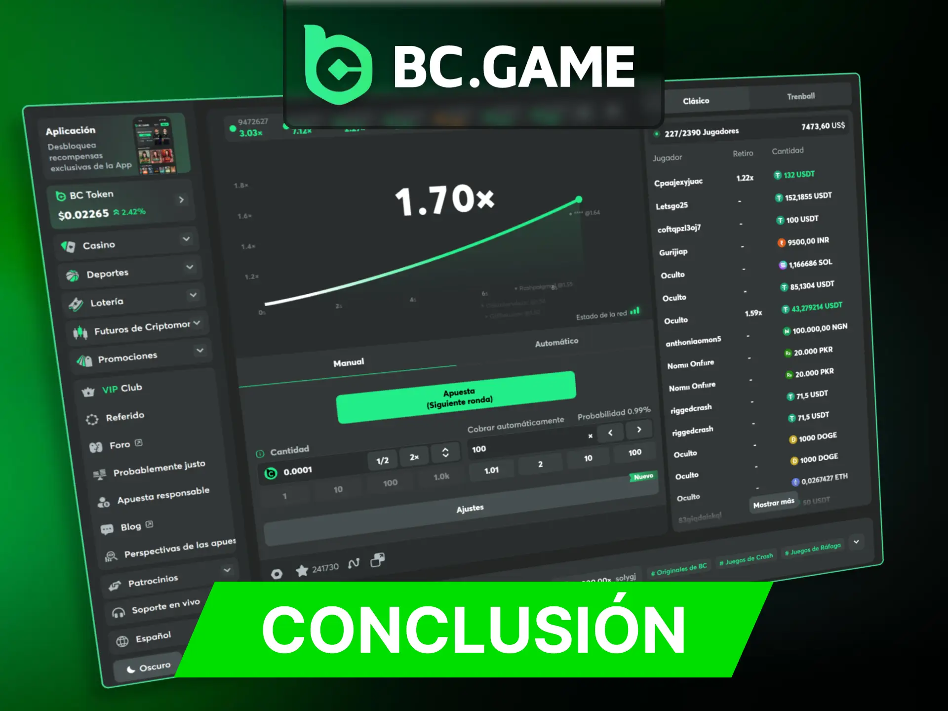 Intente jugar un juego crash rentable en BC Game Casino.