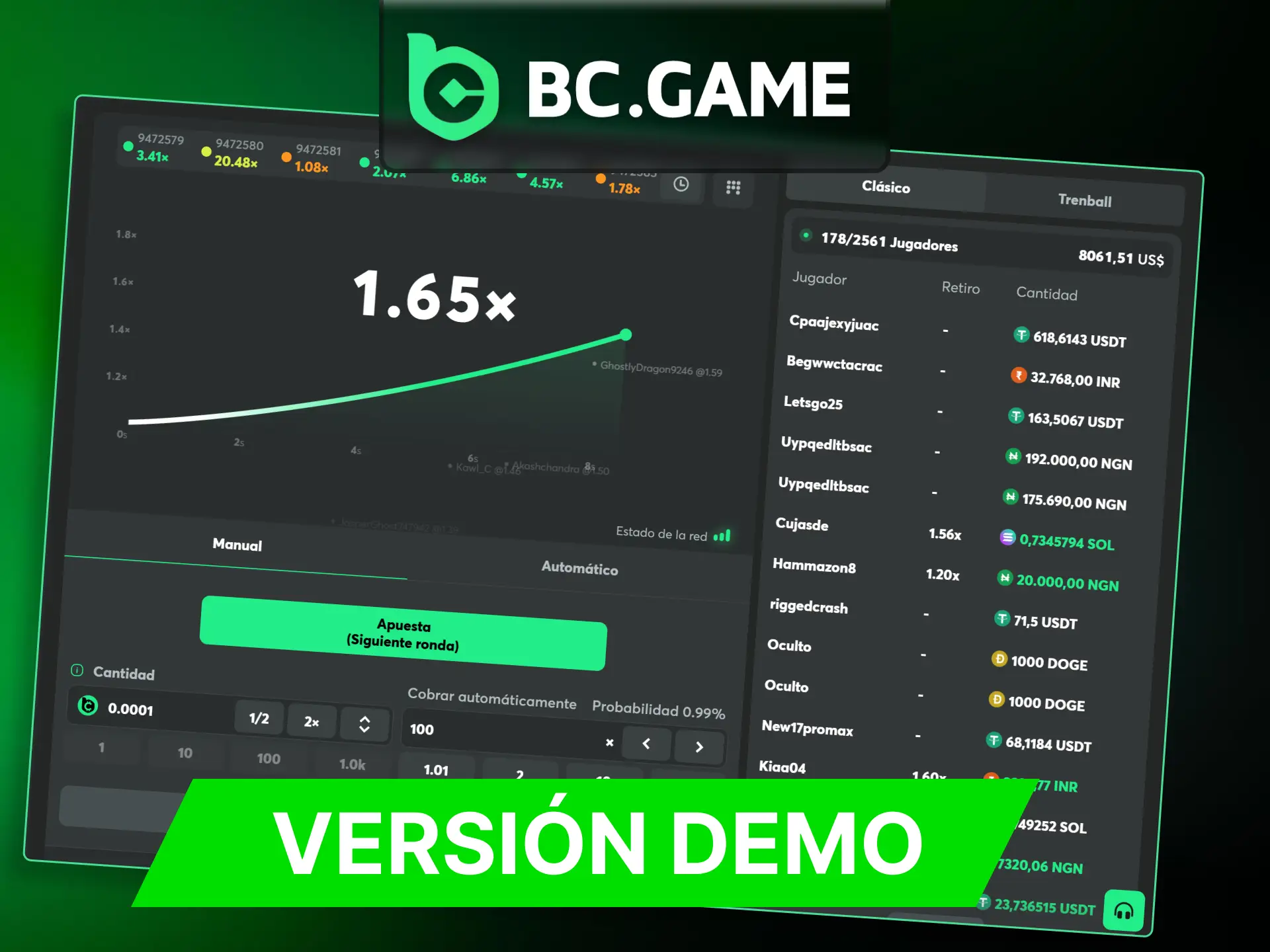Prueba tu estrategia en la version demo del juego de crash BC Game.