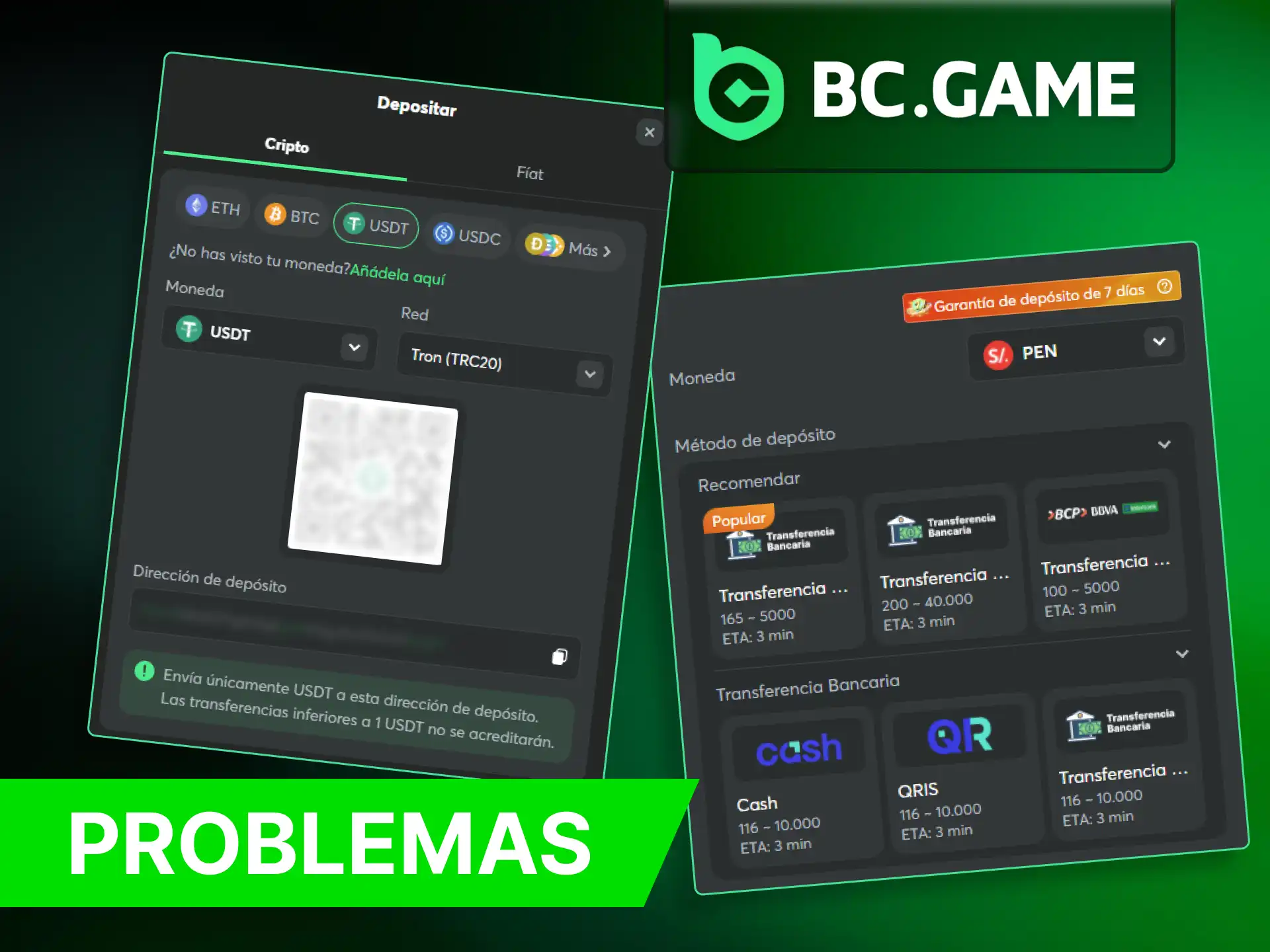 Si tiene problemas para realizar un deposito, comuniquese con el soporte de BC Game.