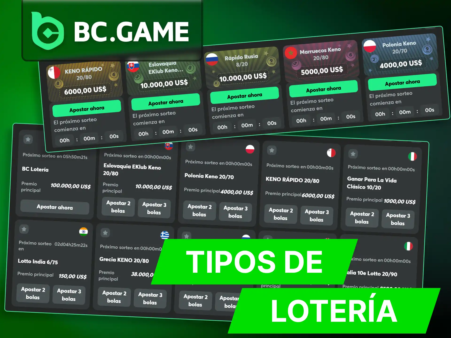 Infórmese sobre los tipos de lotería disponibles en BC Game Casino.