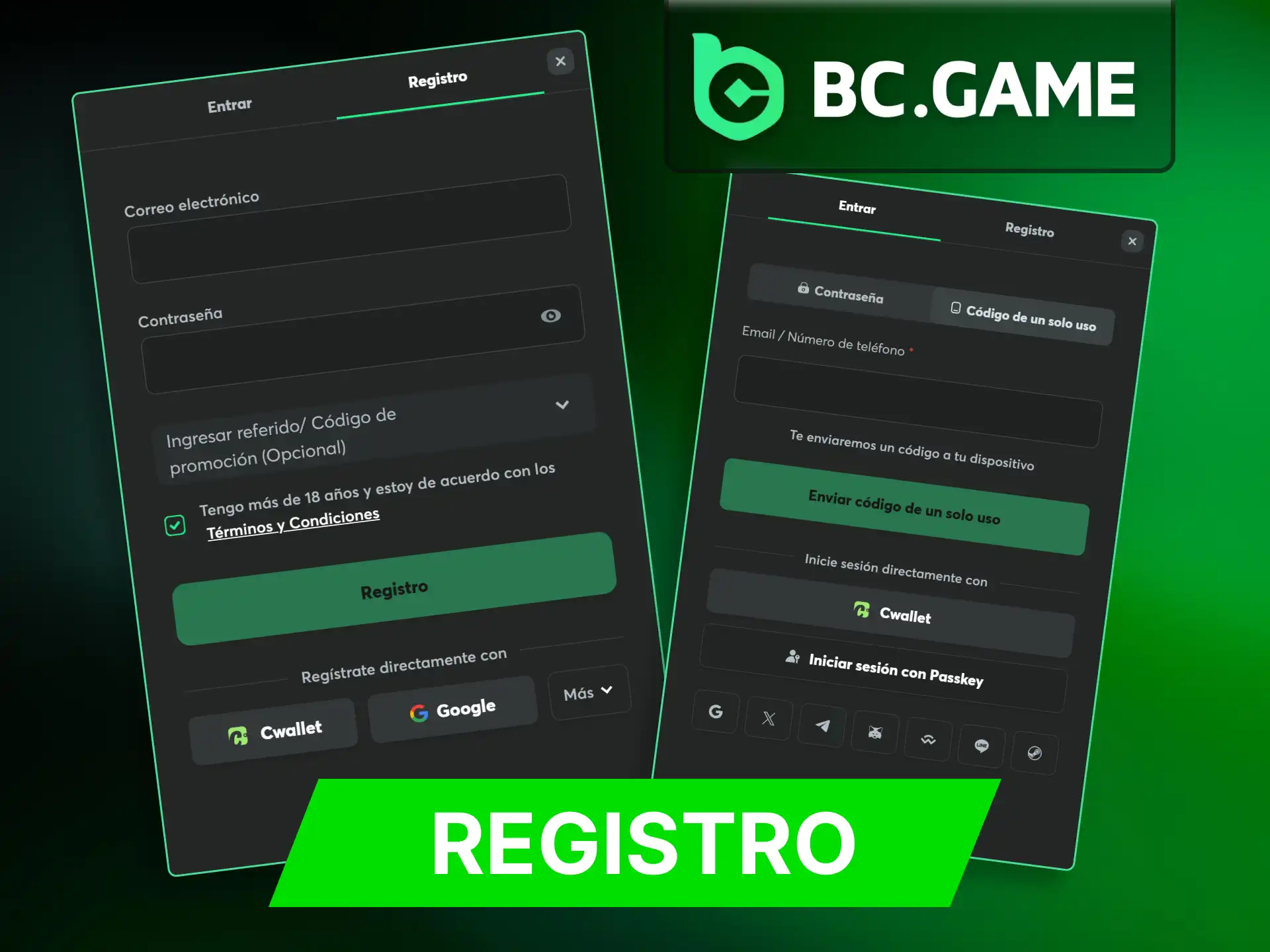 Regístrese en BC Game de forma rapida y sencilla utilizando su metodo de registro favorito.