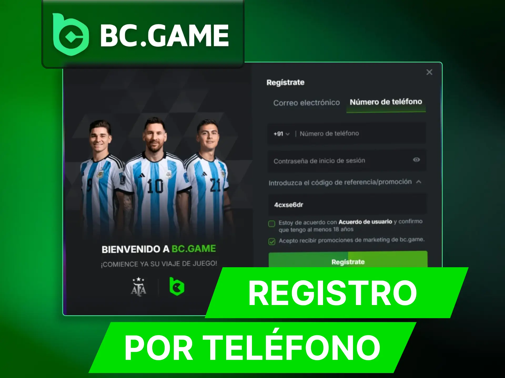 Registrese en BC Game usando su numero de telefono.